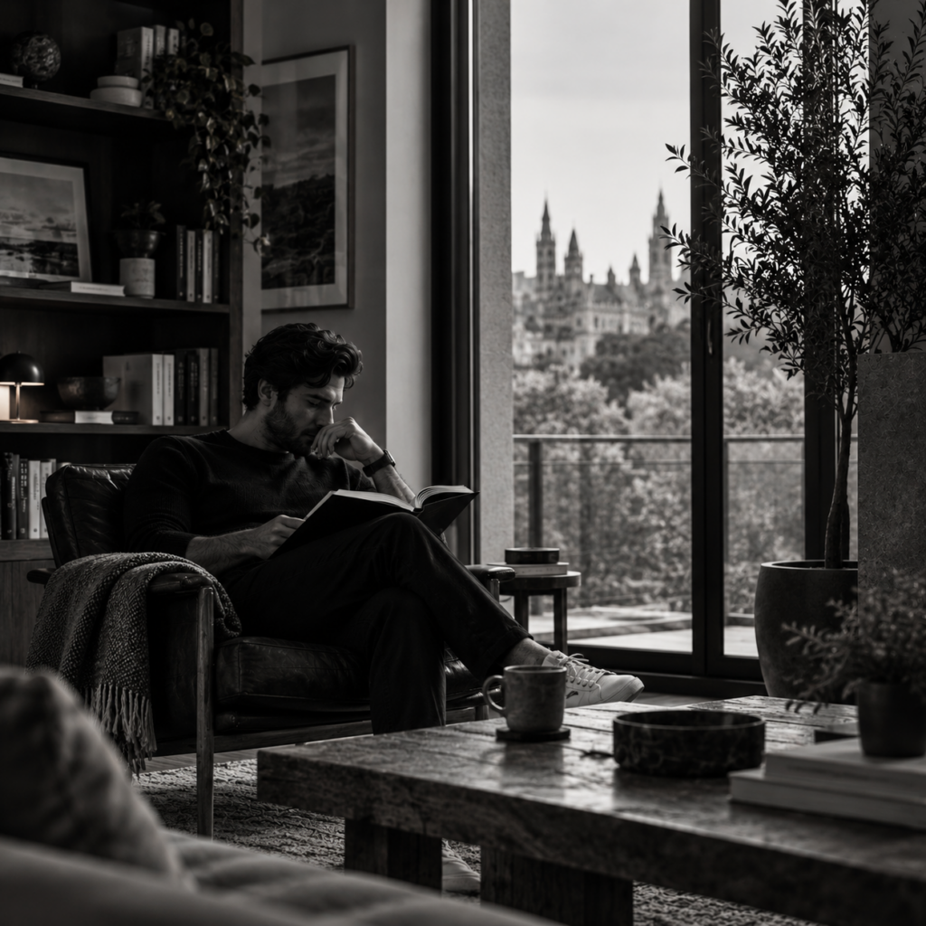 Man reading in an armchair beside a large window overlooking the city.